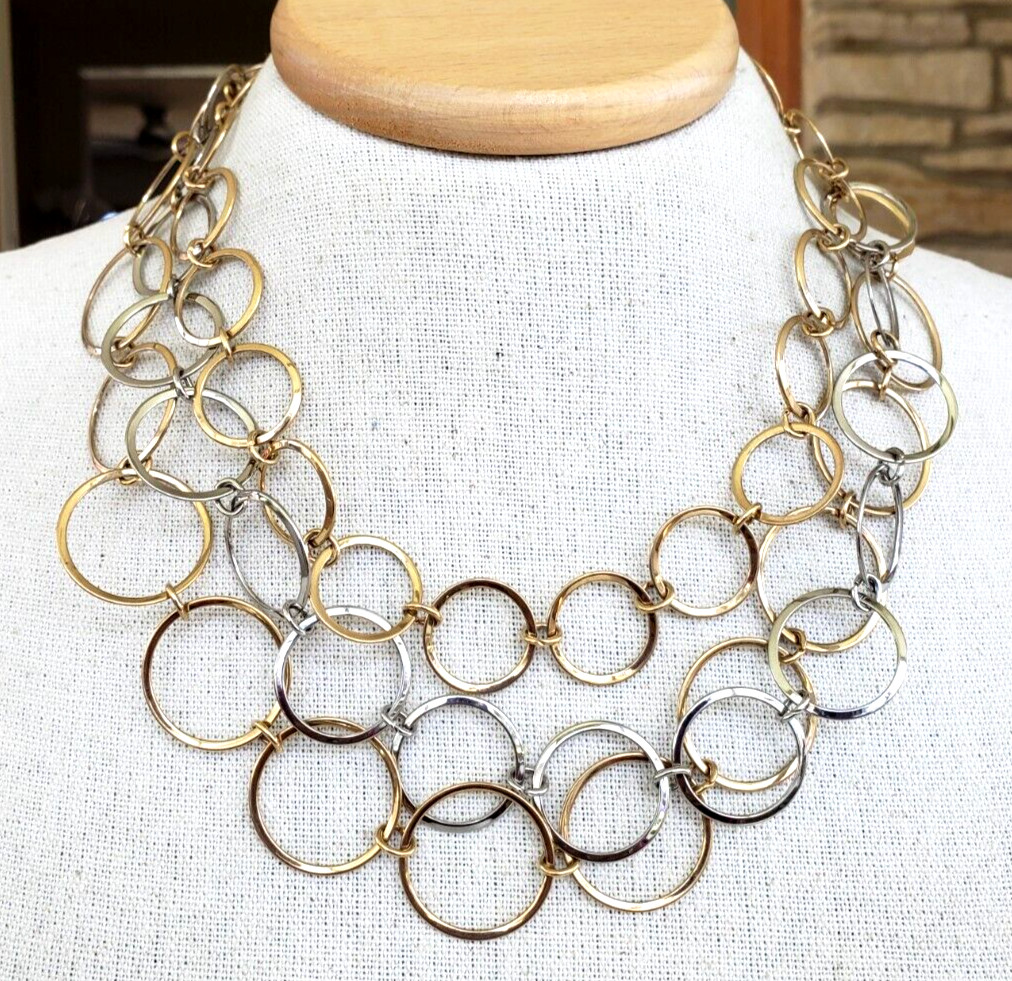 Vintage 3 Strand Circle Chain Gold Tone Layered Necklace 18.25″ Adjustable