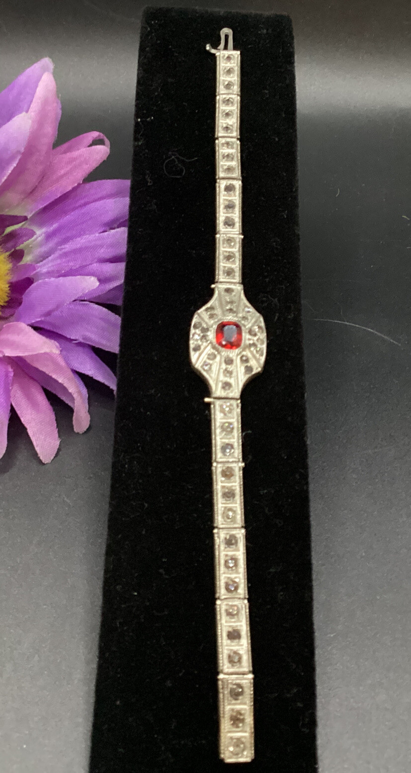 Art Deco 1920s silvertone metal bracelet with faceted red and white crystals 7”