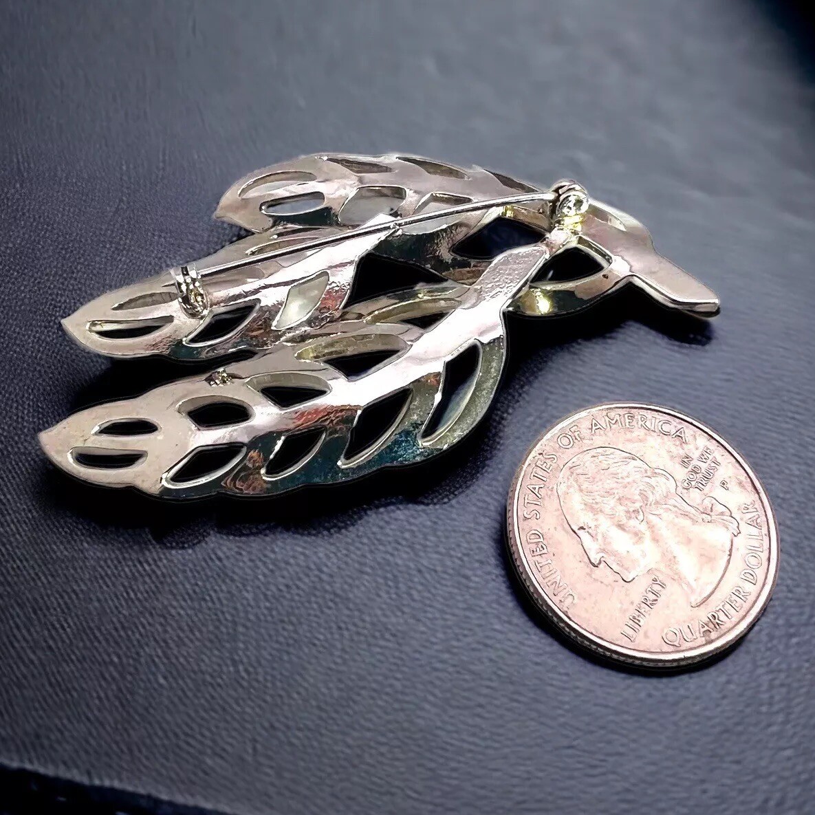 Silver Tone Leaf Brooch Autumn Statement Pin Dimensional Vintage