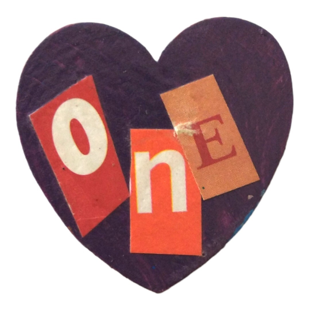 One Love Heart Brooch Pin Handmade Wooden Painted Valentine Mod Podged Eclectic
