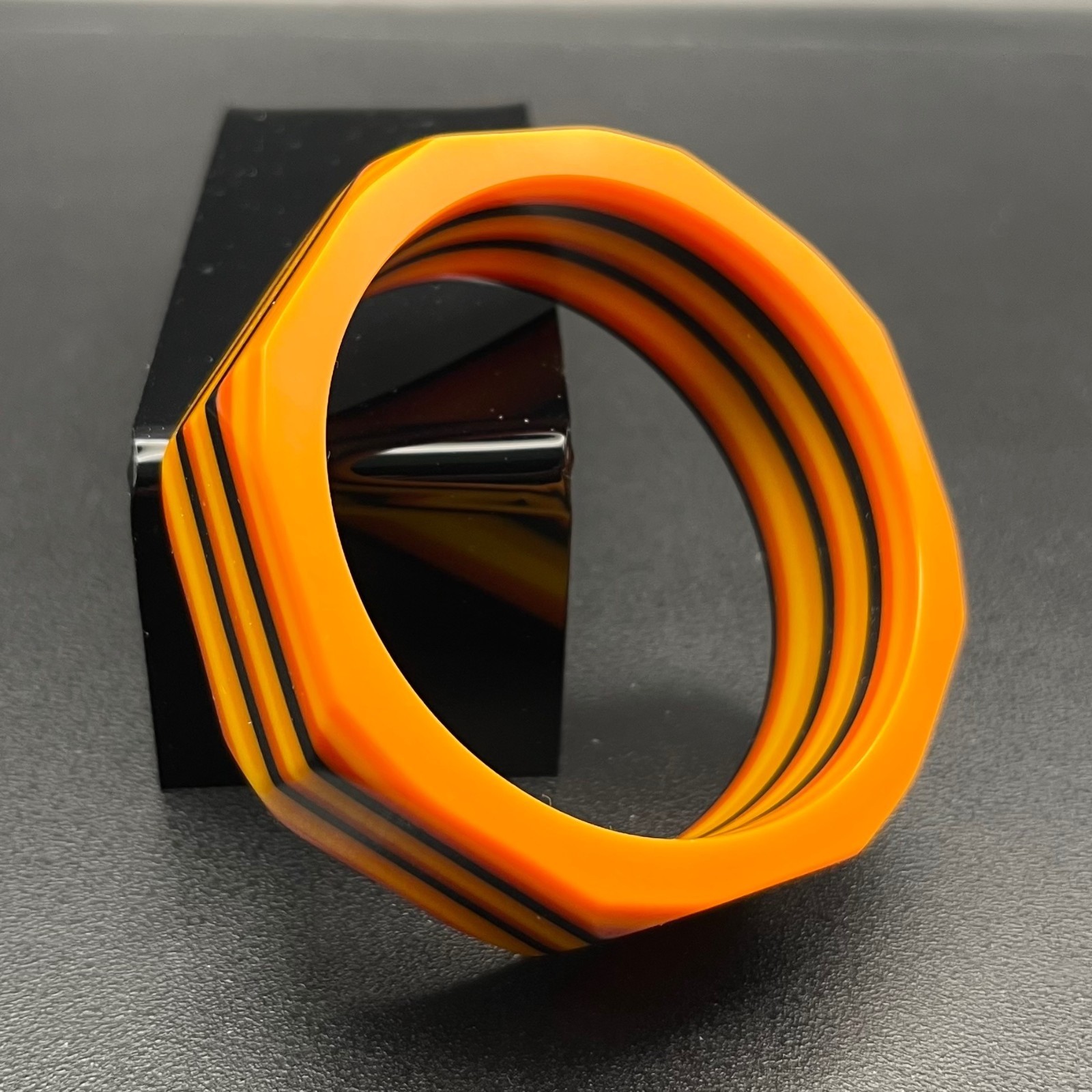 Vintage Laminated Lucite Octagonal Bangle Bracelet Orange Yellow Black Wide