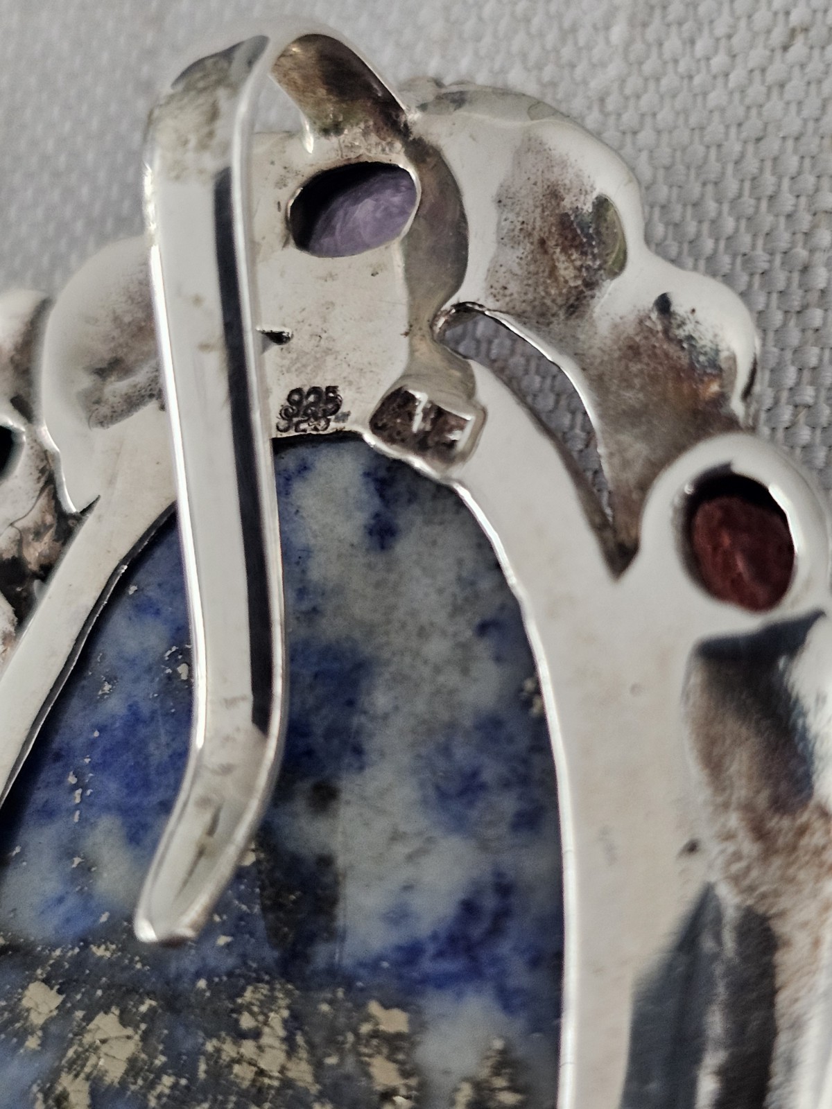 Vtg Sterling Silver 925 Large 2.5″ Ornate Lapis Lazuli Pendant Clip Signed 30g