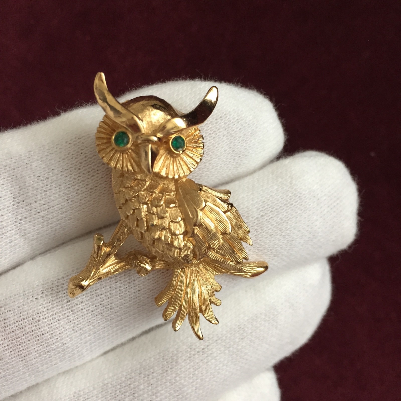 VTG Horned Owl Brooch- Gold with Green Eyes, Rhinestone Monet Bird, Sweater Pin