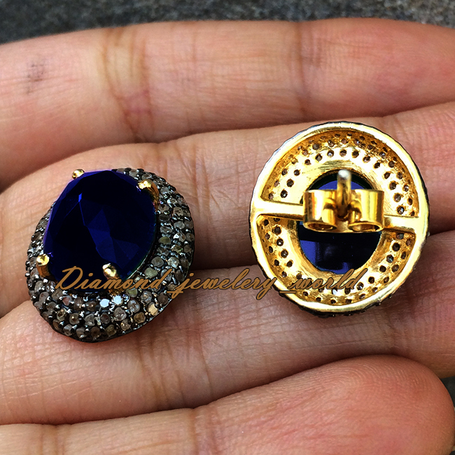 Amazing 2.75ctw Rose Cut Diamond Sapphire Silver Victorian Studs Earring Jewelry