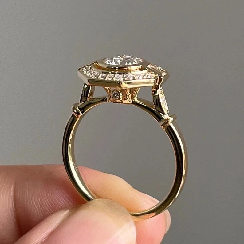 Art Deco Round Cut Lab Created Diamond Anniversary 14K Yellow Gold Finish Ring