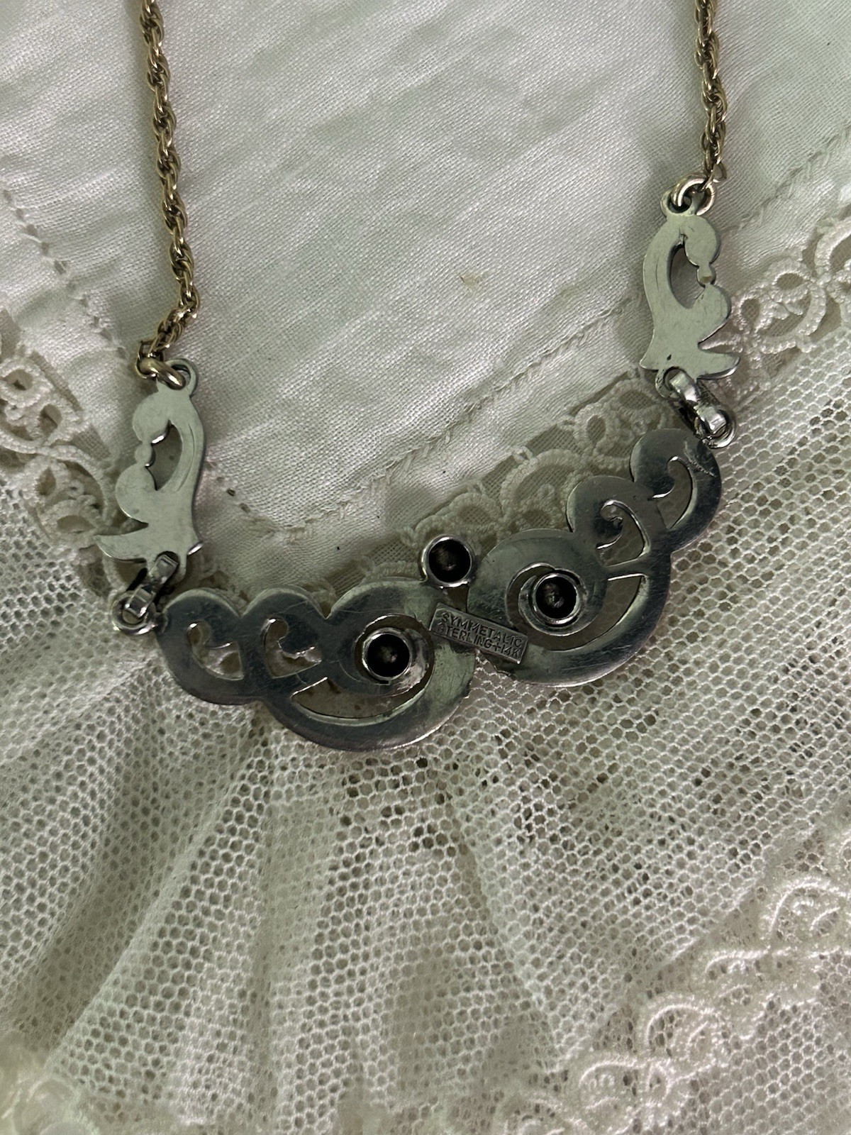Symmetalic Vintage Sterling /14k Gold Amethyst Scroll Design Necklace
