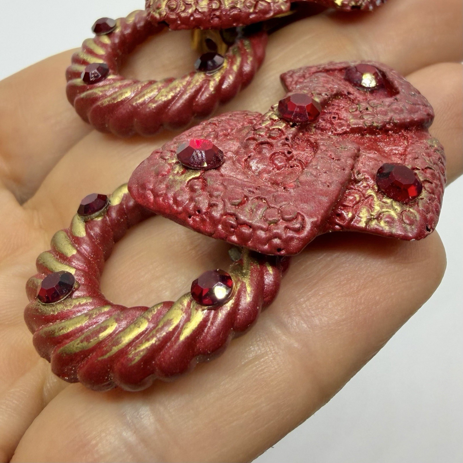 Vtg 80’s Designer Signed Red Gold Lucite Rhinestone Door Knocker Earrings Clip