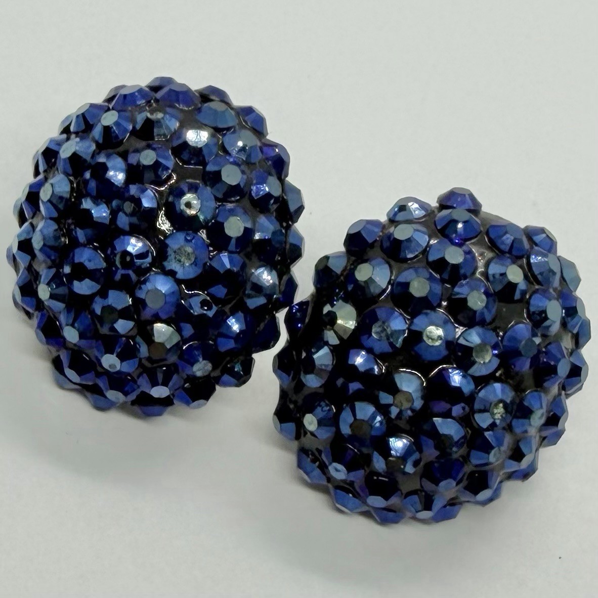 Vtg Blue Rhinestone Encrusted Dome AB Huggie Earrings Clip-on