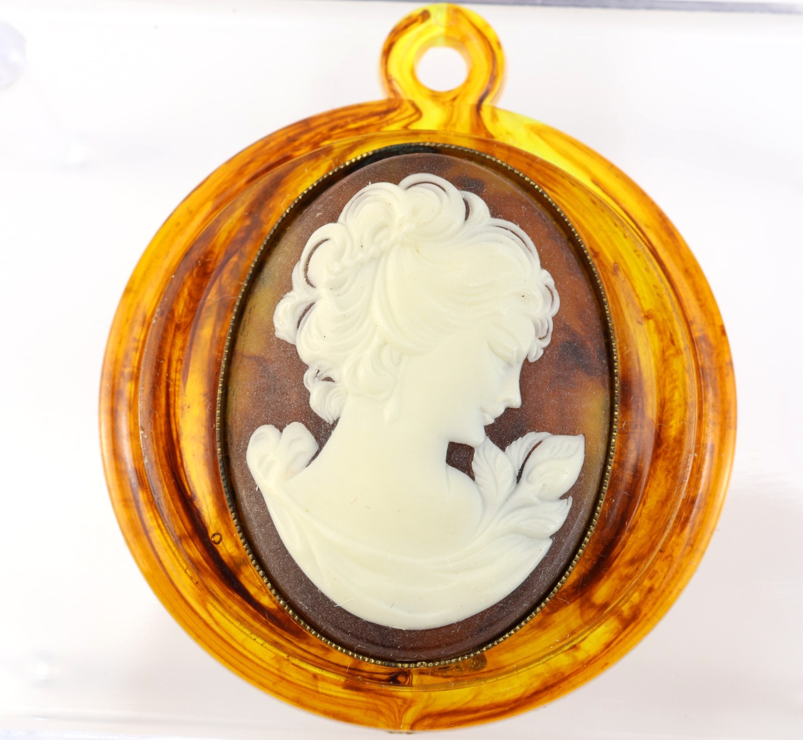Vintage Amber Celluloid Faux Tortoise Cameo Pendant Women Floral Round Oval 59mm