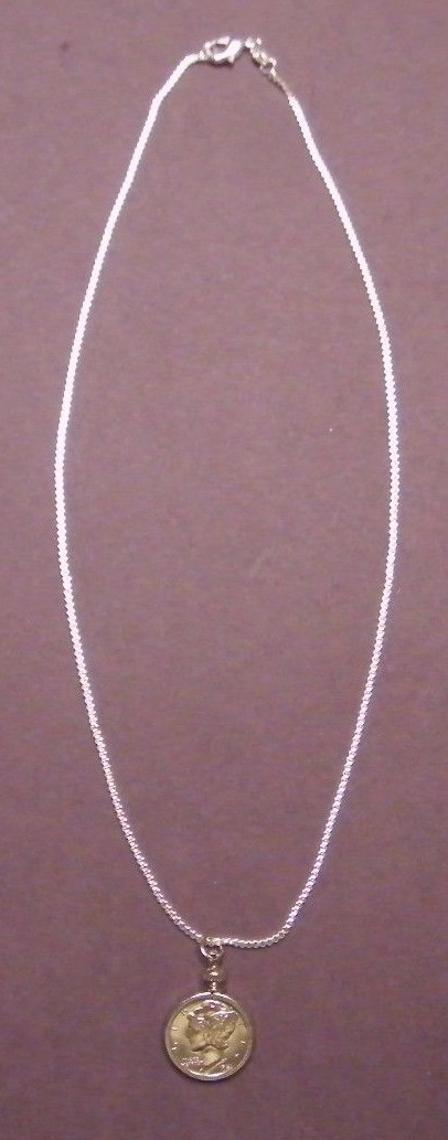 Coin Pendant Silver VINTAGE MERCURY DIME Bezel Sterling Silver Plated 18” Chain