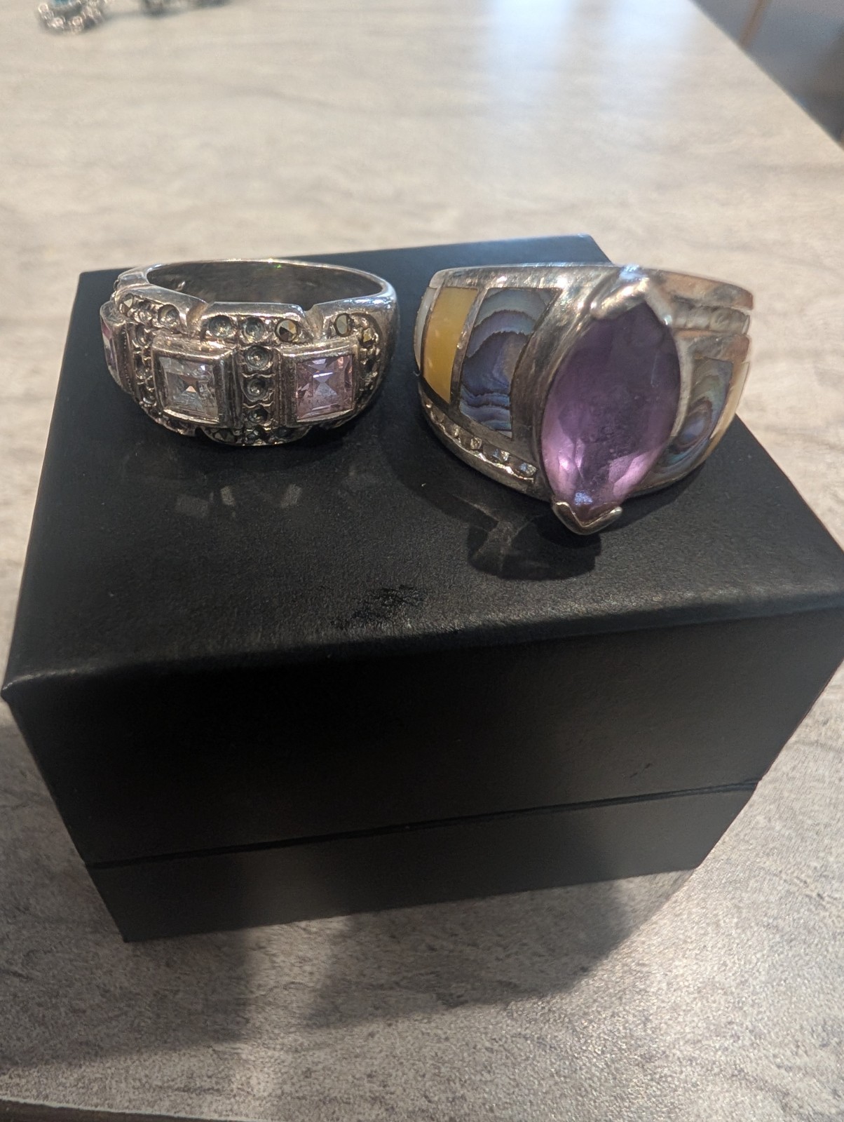 Lot of 2 Sterling Silver Rings 925 Amethyst Abalone & Multi Stone Vintage
