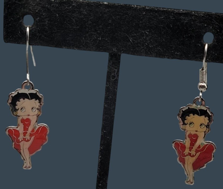 Vintage Betty Boop Red Dress Dangling Hook Earrings KFS/FS Hearst Silver Tone 1″