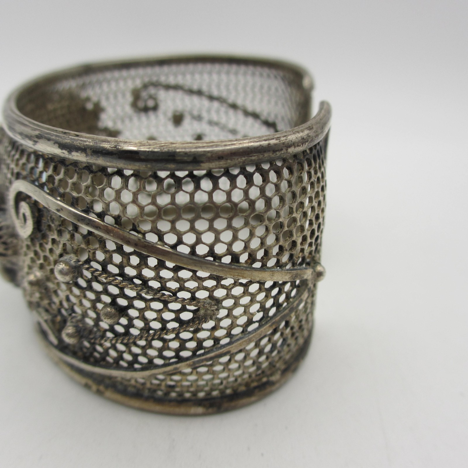 Vtg Silver Mesh Cuff Bracelet Renaissance Revival Artisan Filigree Blue Glass