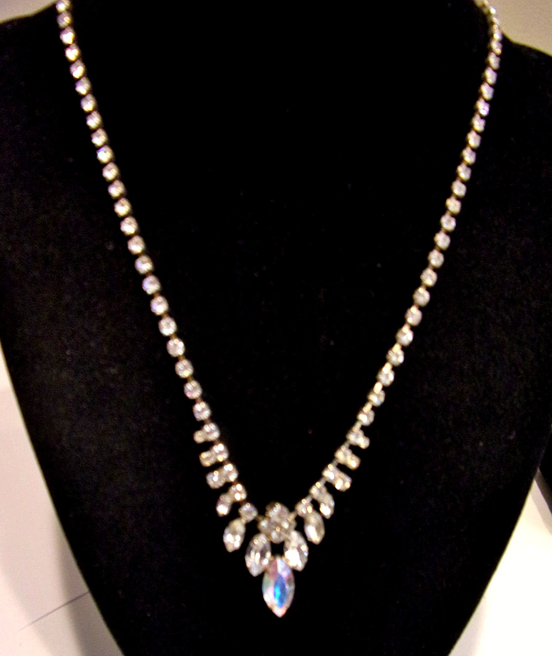 Vintage, Clear Crystal Marquis & Round, Prong Set Rhinestones, Pendant Necklace