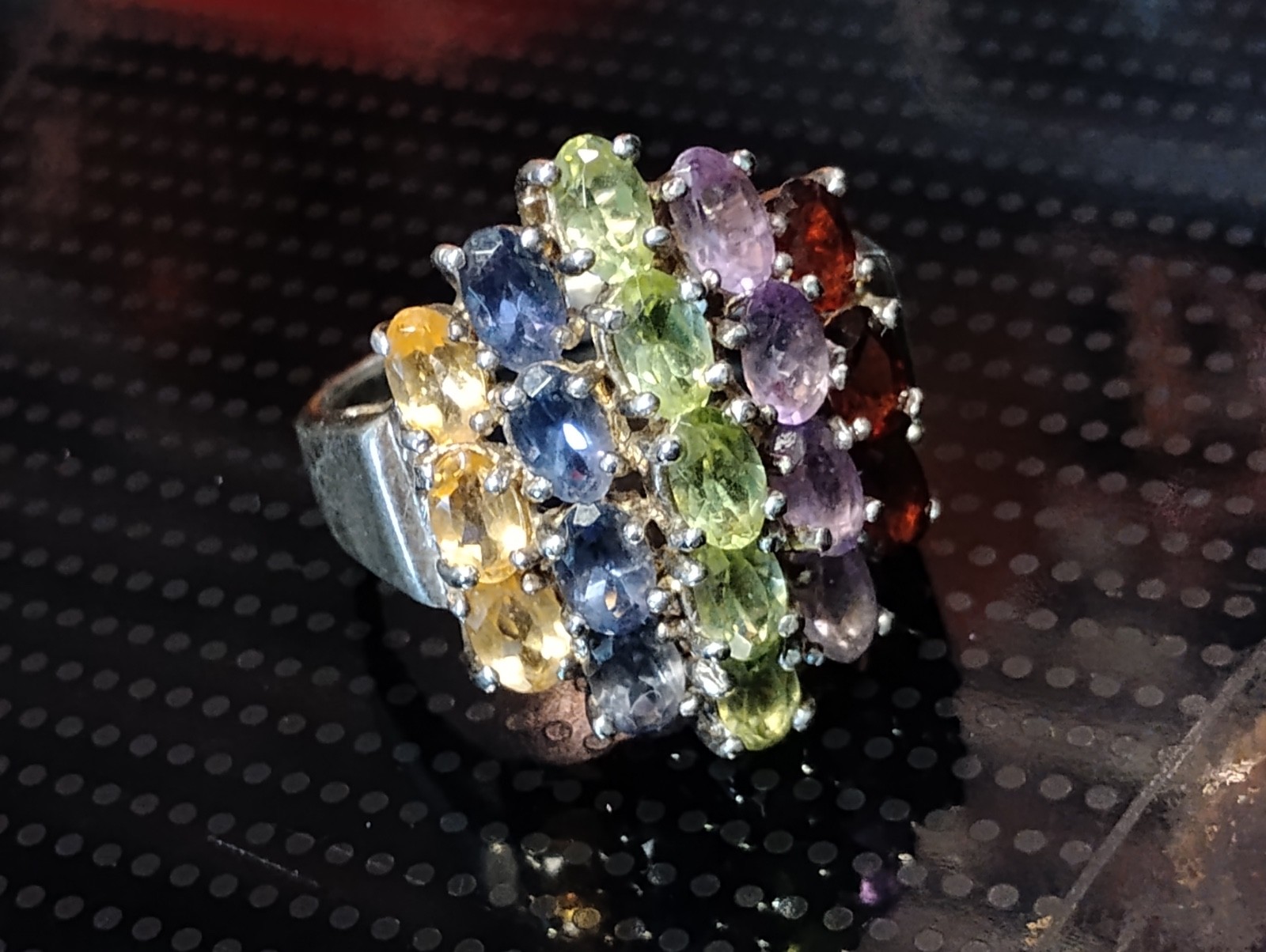 Vintage Ring Sterling Silver Rainbow Multi Gemstone Gem Sapphire/Peridot/Citrine