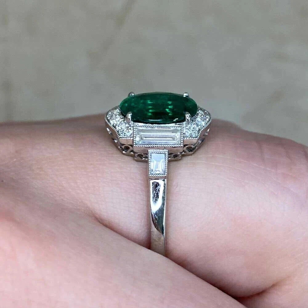 4.25Ct Art Deco Style Lab Created Emerald Engagement 14K White Gold Finish Ring