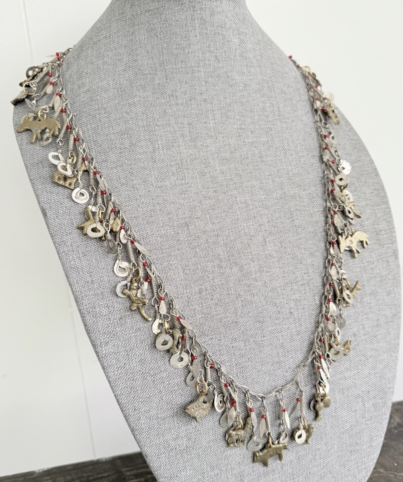 Vintage Silver Tone Cha Cha Statement Necklace, Tribal Charm Necklace Animals