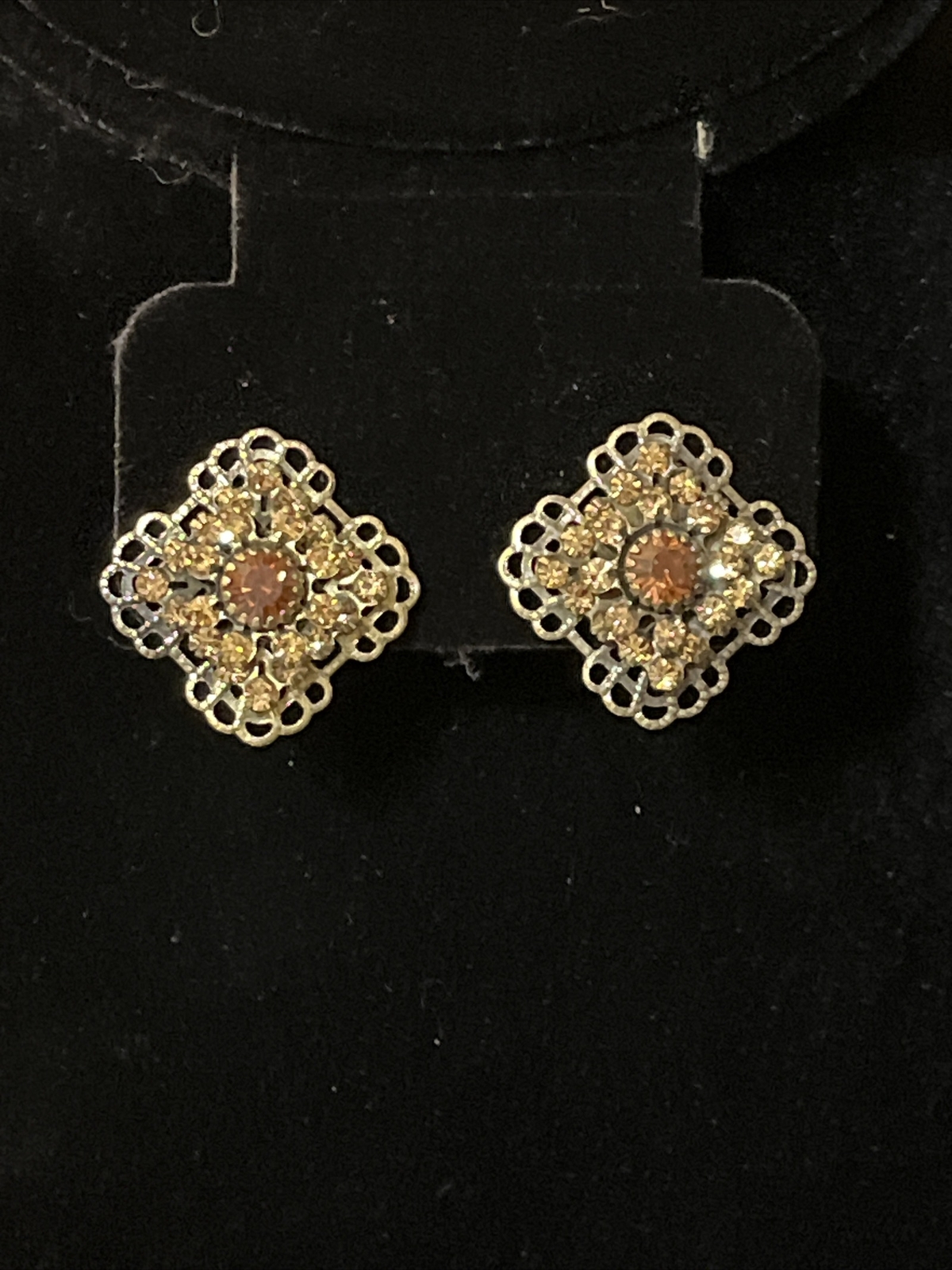 Vintage Avon Bronze Topaz Color Rhinestone Square Clip On Earring Retro Elegant