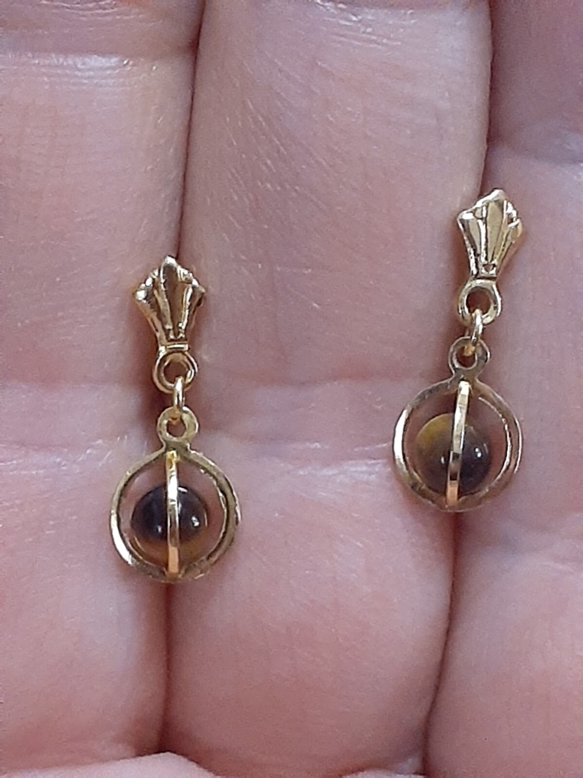 Dainty Tiger’s eye gemstone caged gold tone dangle drop earrings