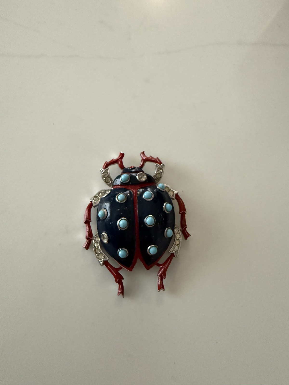 Trifari ‘Alfred Philippe’ Pave Navy Enamel/Turquoise Cabochons Ladybug Pin Clip