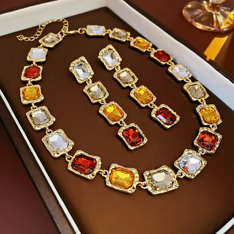 Vintage Purple Rhinestone Necklace Drop Earrings for Women Palace Style