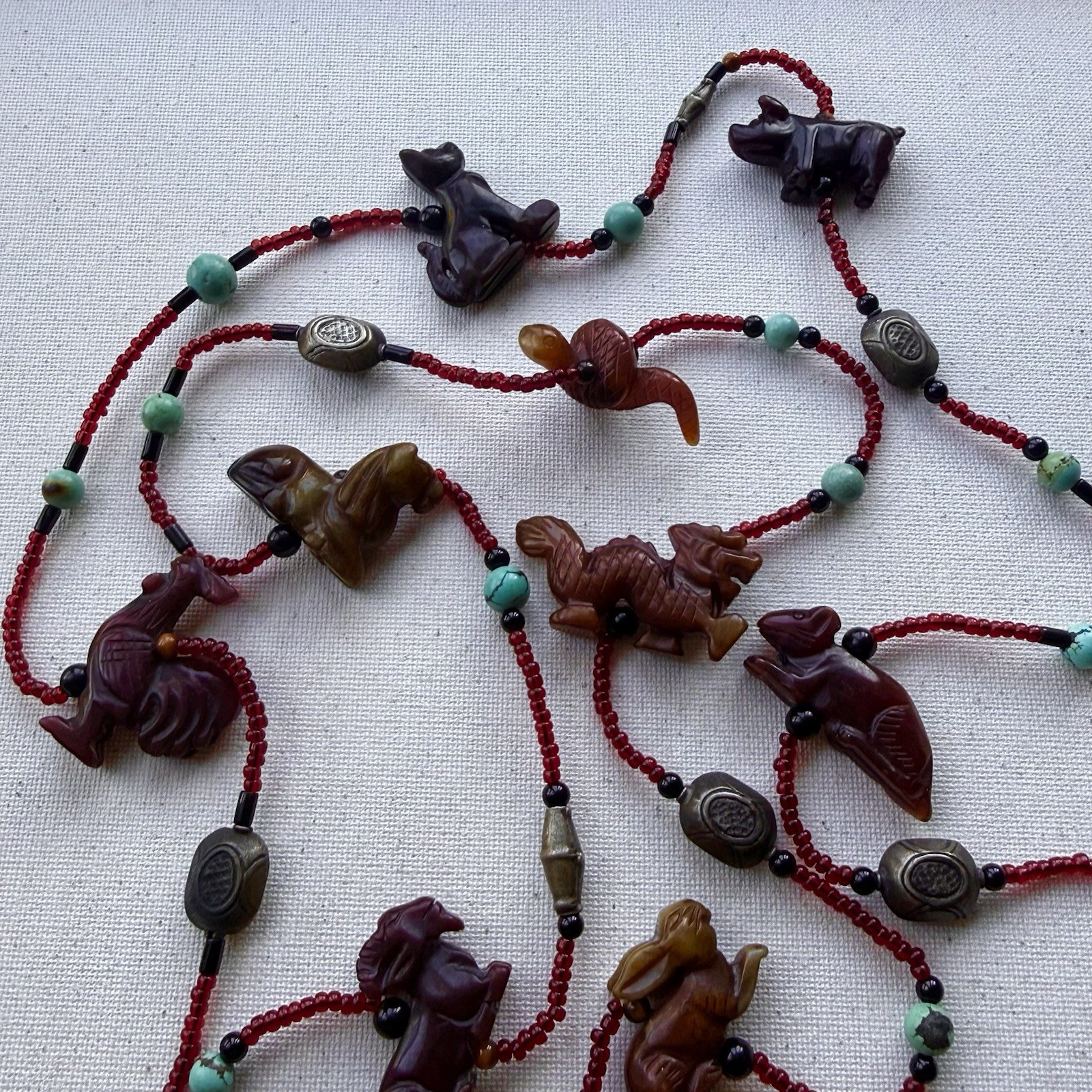 Vintage Fetish Hand-Carved 12 Gemstones Chinese Zodiac Symbols 78” Long Necklace