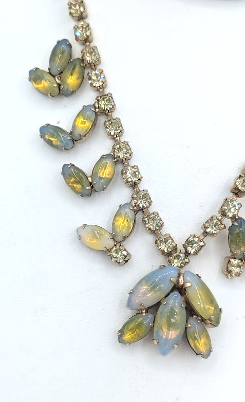 Vintage Givre Glass Necklace Rhinestone Blue Green Opalescent Prong Set