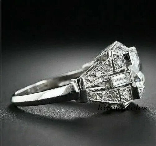 3CT Round Cut Real Moissanite 14K White Gold FN Vintage Art Deco Engagement Ring