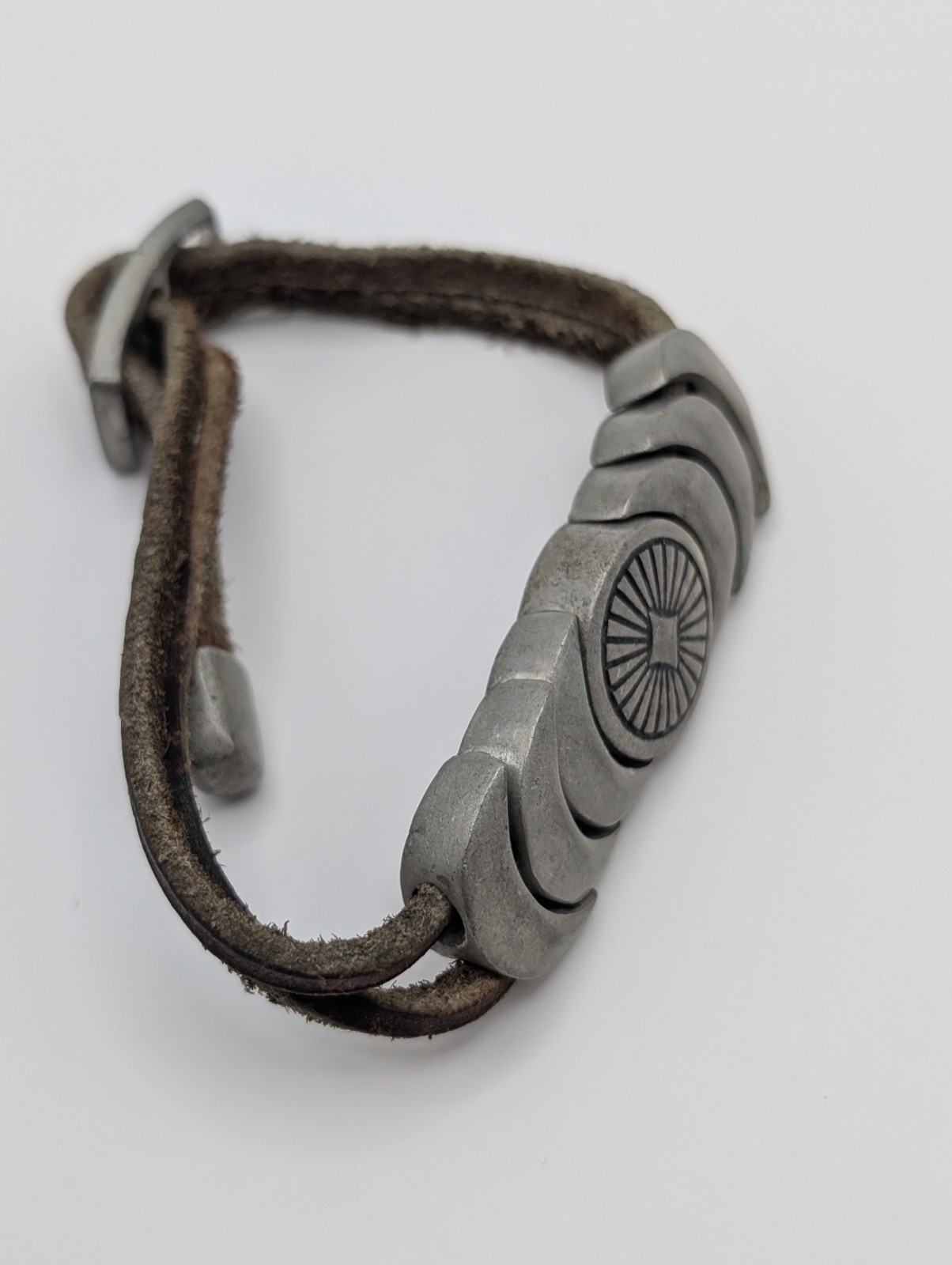 Vintage Pewter Triple Moon Bracelet Leather Cord Celestial Boho Slider Unisex