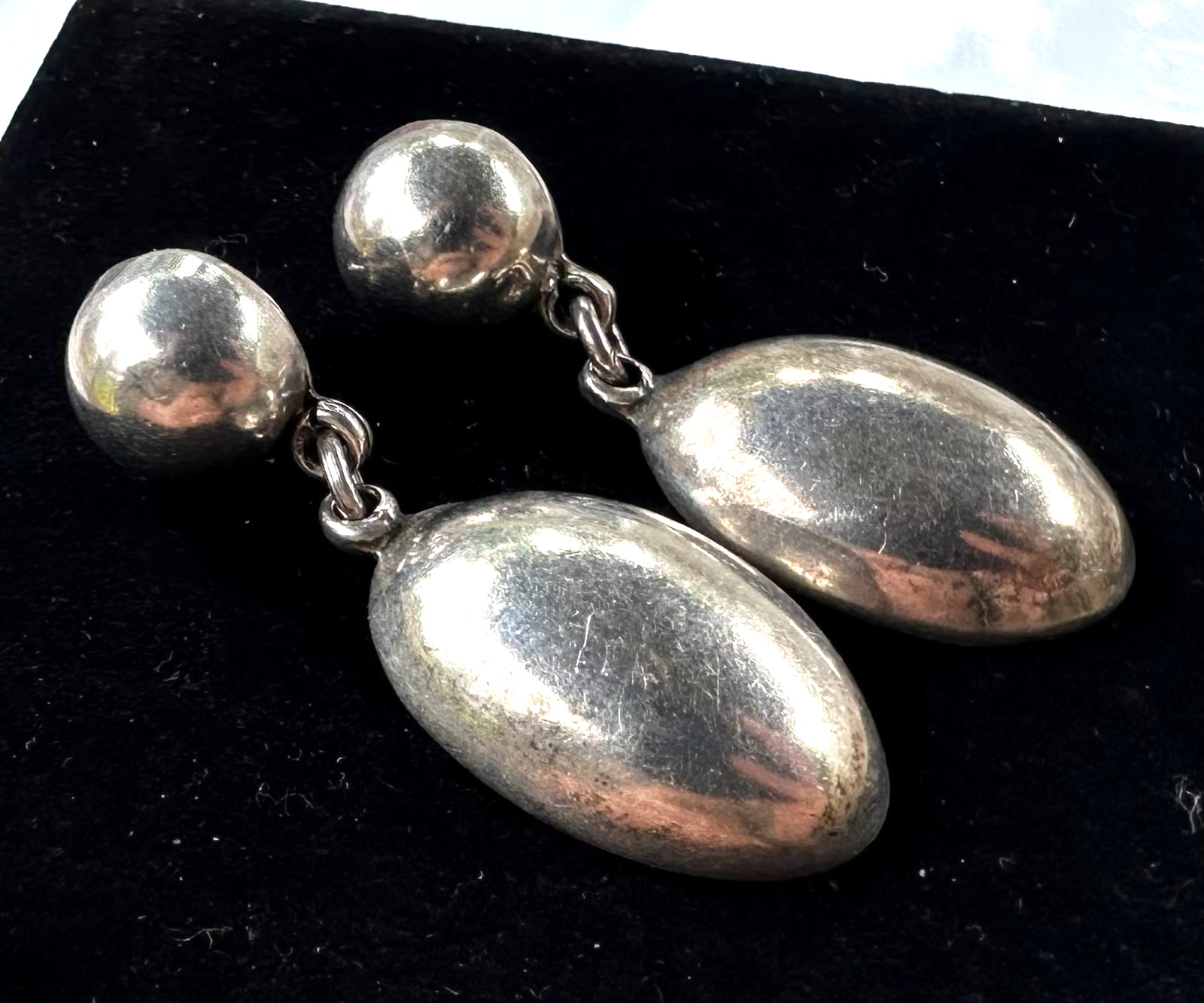 Vintage Mexican Sterling Silver Puff Oval Drop Earrings 925 #21