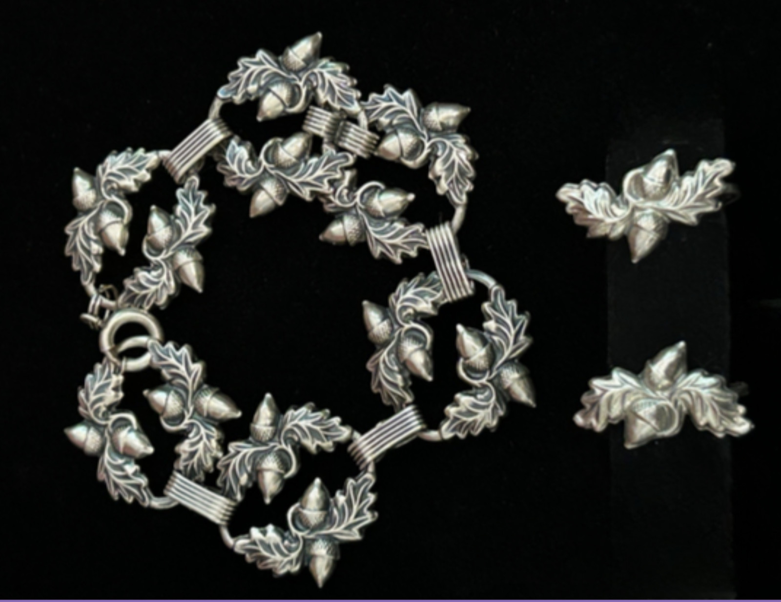 Vintage Danecraft Sterling Silver Acorn Oak Leaf Bracelet Matching Earrings Set