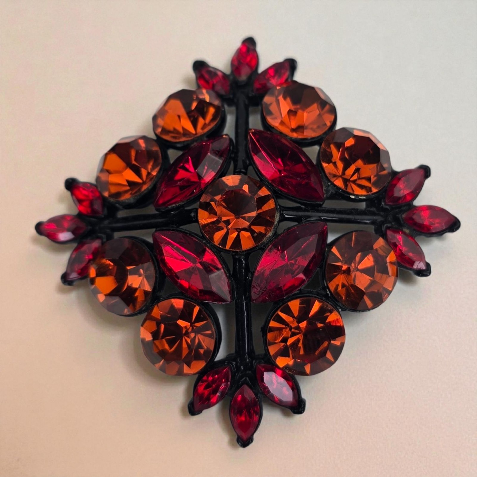 Vintage Midcentury Edlee Signed Red Orange Rhinestone Dome Brooch