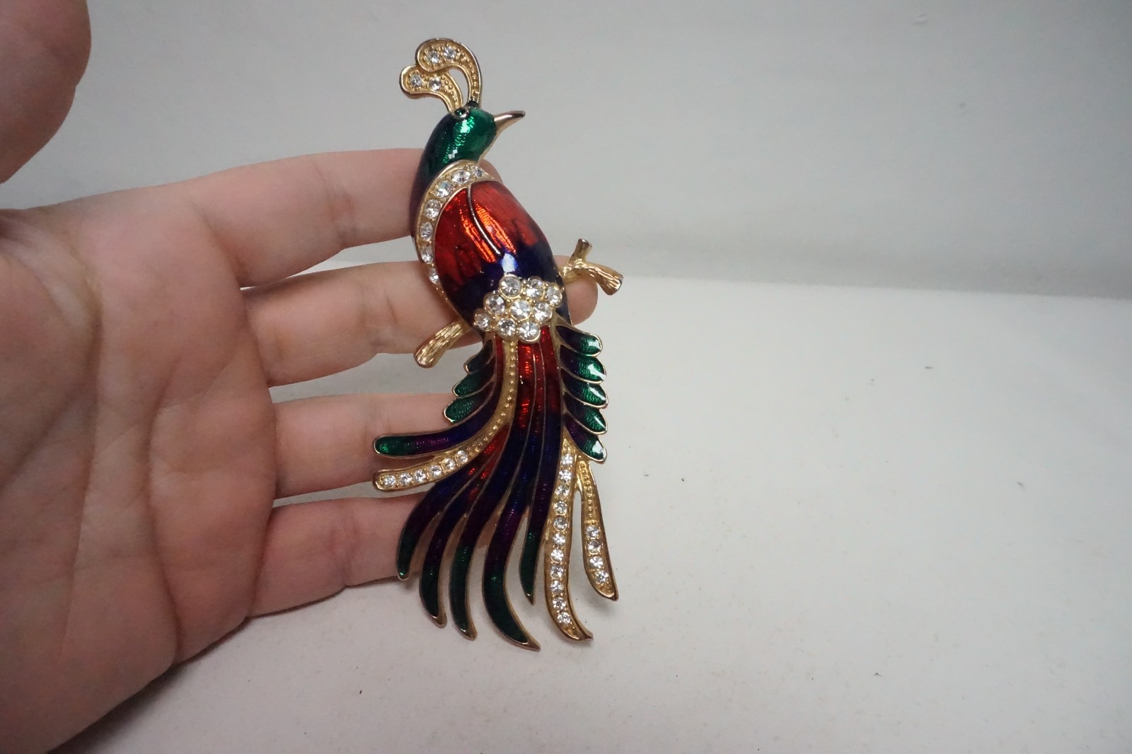 Large Vintage Figural Bird of Paradise Peacock Enamel Rhinestone 5″ Brooch Pin