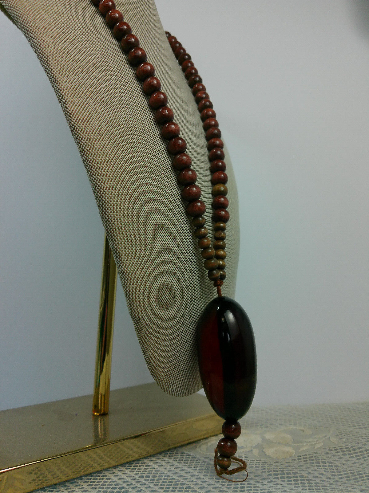 Vtg Ethnic African Wood Bead MASSIVE ACRYLIC BEAD Pendant Tribal Boho Necklace