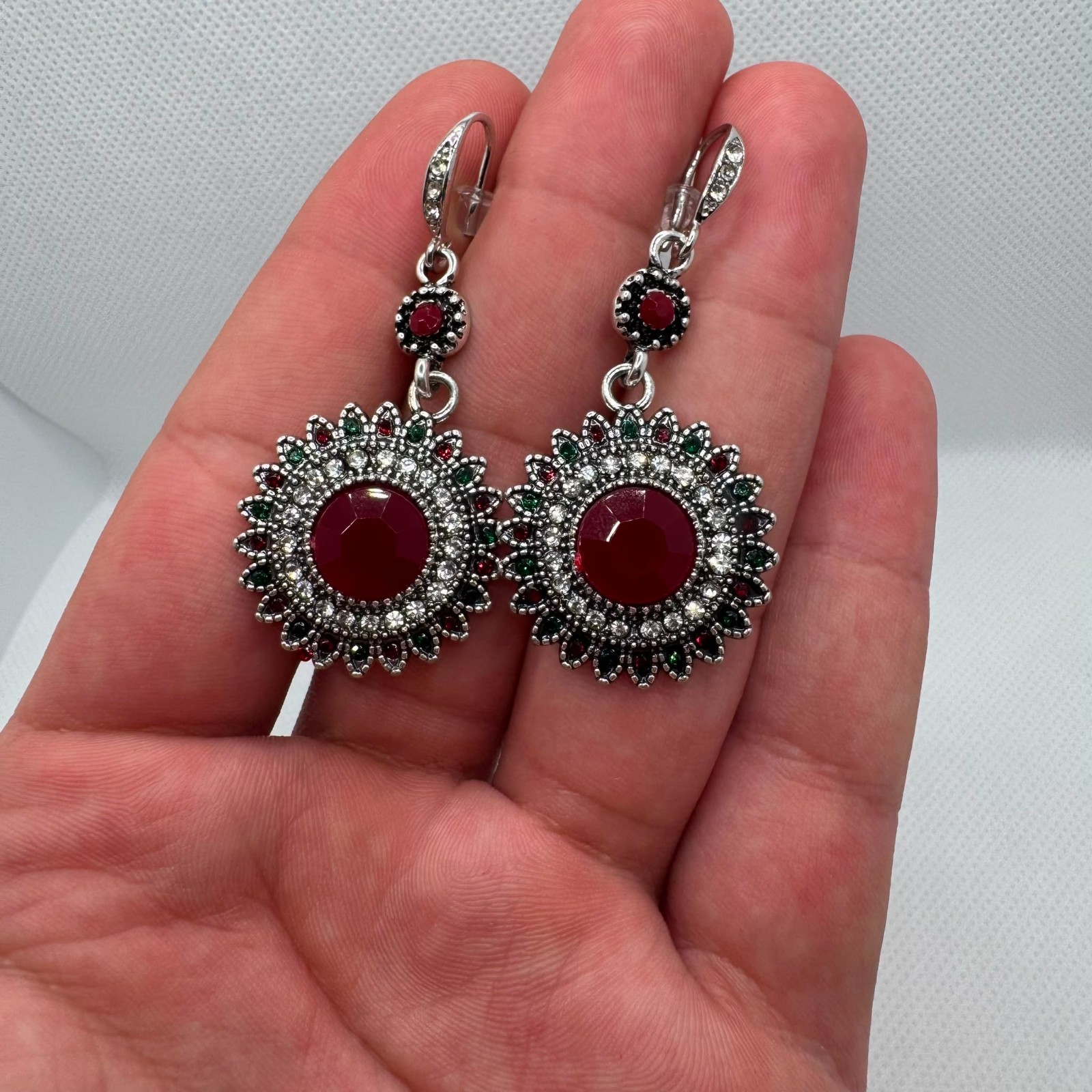 Vintage Red Crystal Dangle Earrings Victorian Boho Statement Jewelry Gift