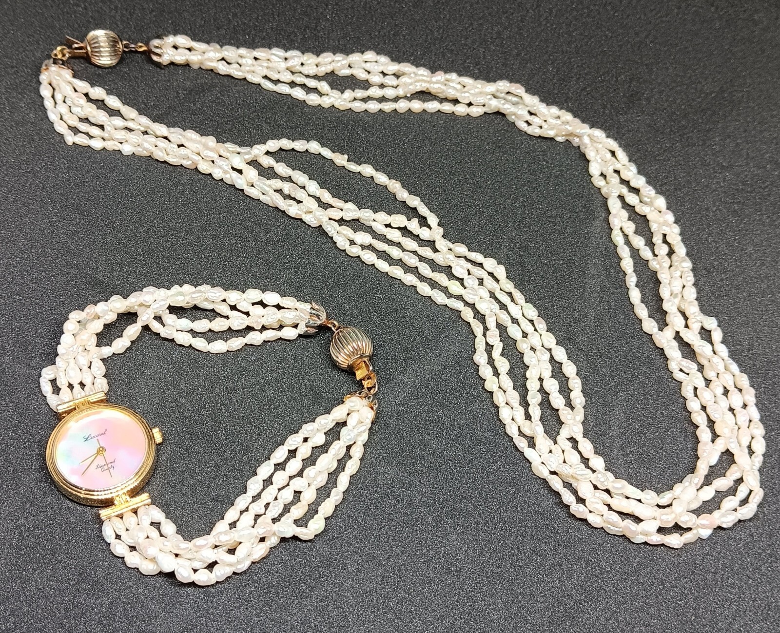 Lucoral Diamond Quartz Watch Necklace Fresh Water Pearl Hong Kong Japan Mov’t