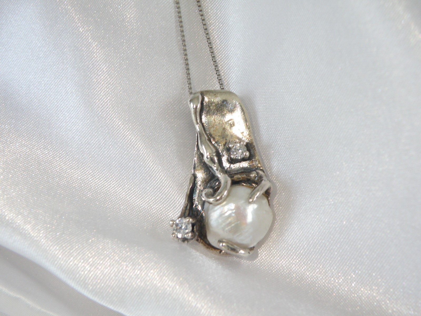 Brutalist Sterling Silver 925 Baroque Pearl Modernist Pendant Necklace