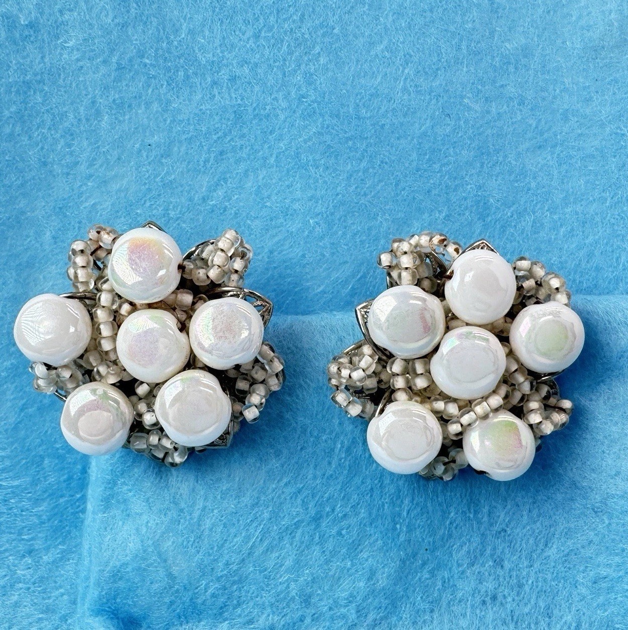 Alice Caviness VTG Clip On Earrings Faux Pearl Rhinestone Cluster Signed