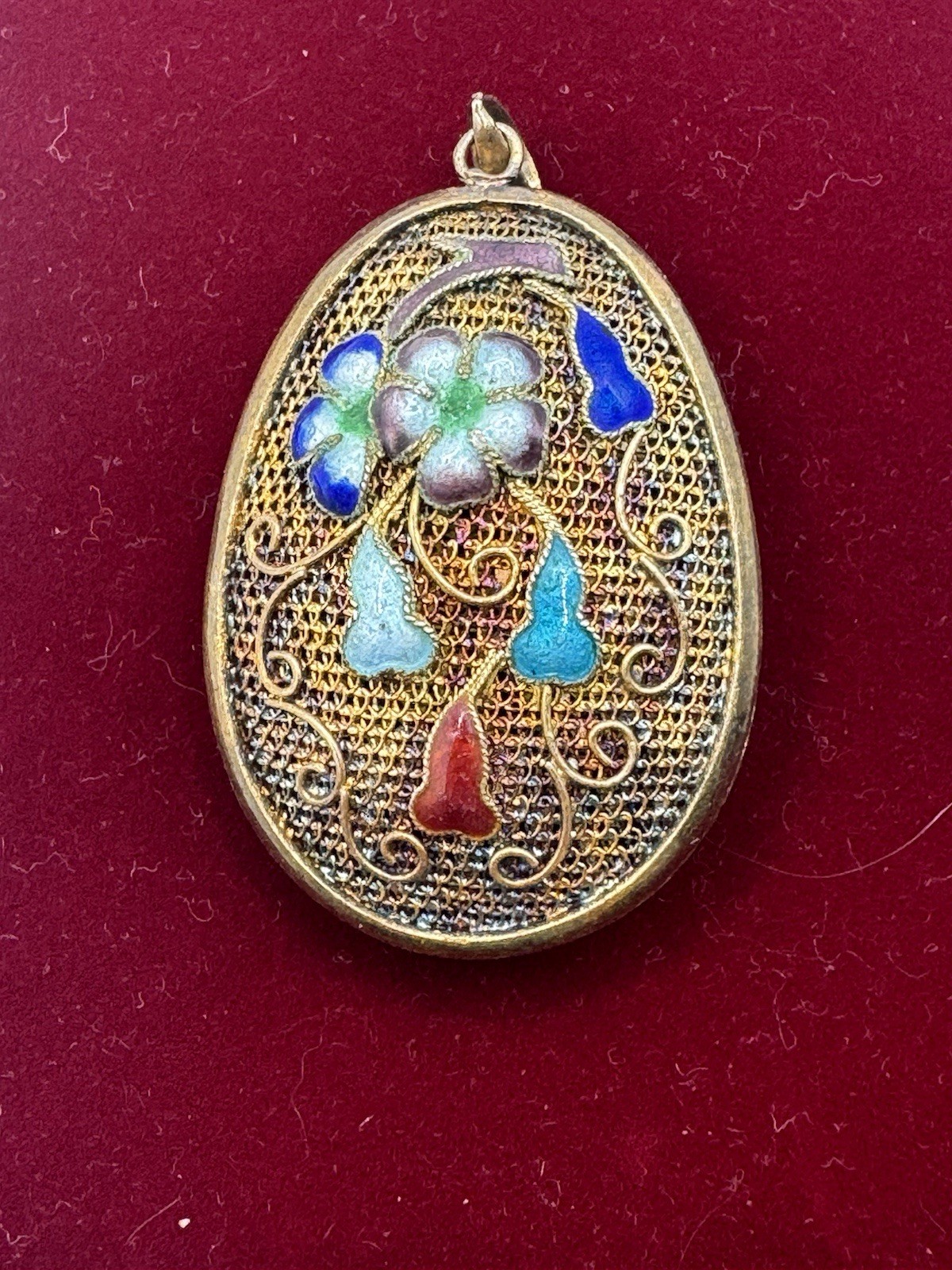 Chinese Export Vintage Silver Multi Color Enamel Flower Pendant Large Sterling