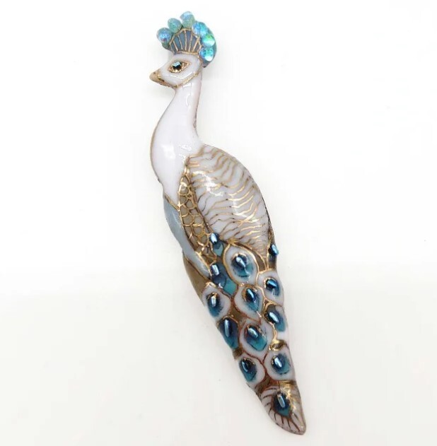 White Peacock – Japanese cloisonné enamel Pin Brooch Made-to-order NEW