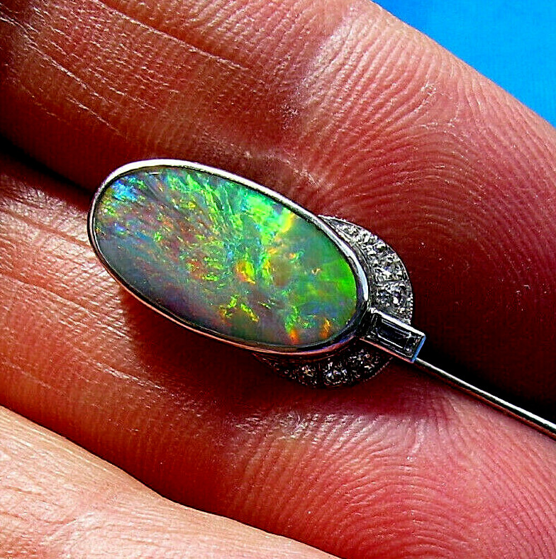 Original EARTH MINED Australian Black OPAL Art Deco DIAMOND Pin Antique PLATINUM