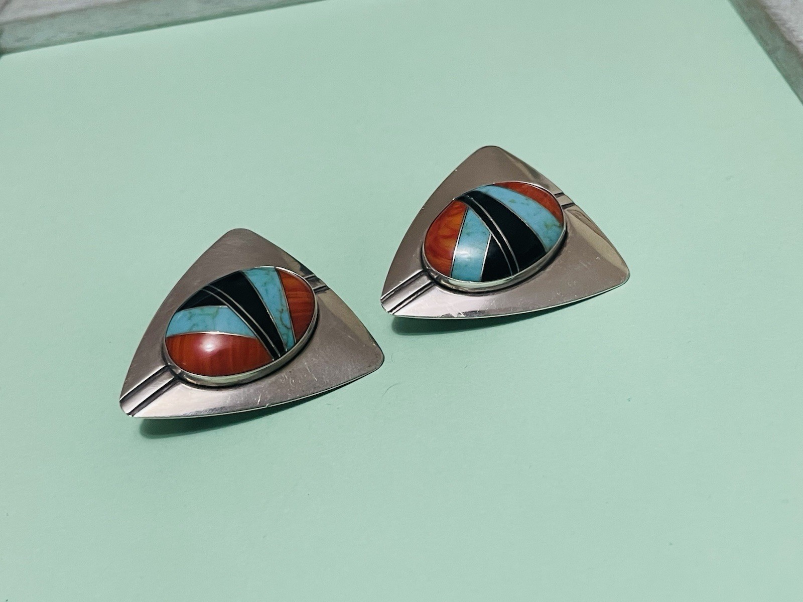 N/A? Zuni Style Mosiac Sterling Silver Earrings Clip-on Large Vintage/Retro 20g