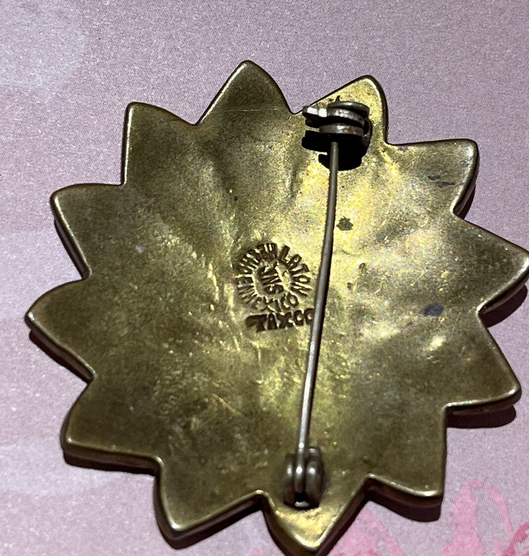 Vintage Brass JNS Taxco Mexico Sterling Silver Abalone Flower Brooch Pin Pendant