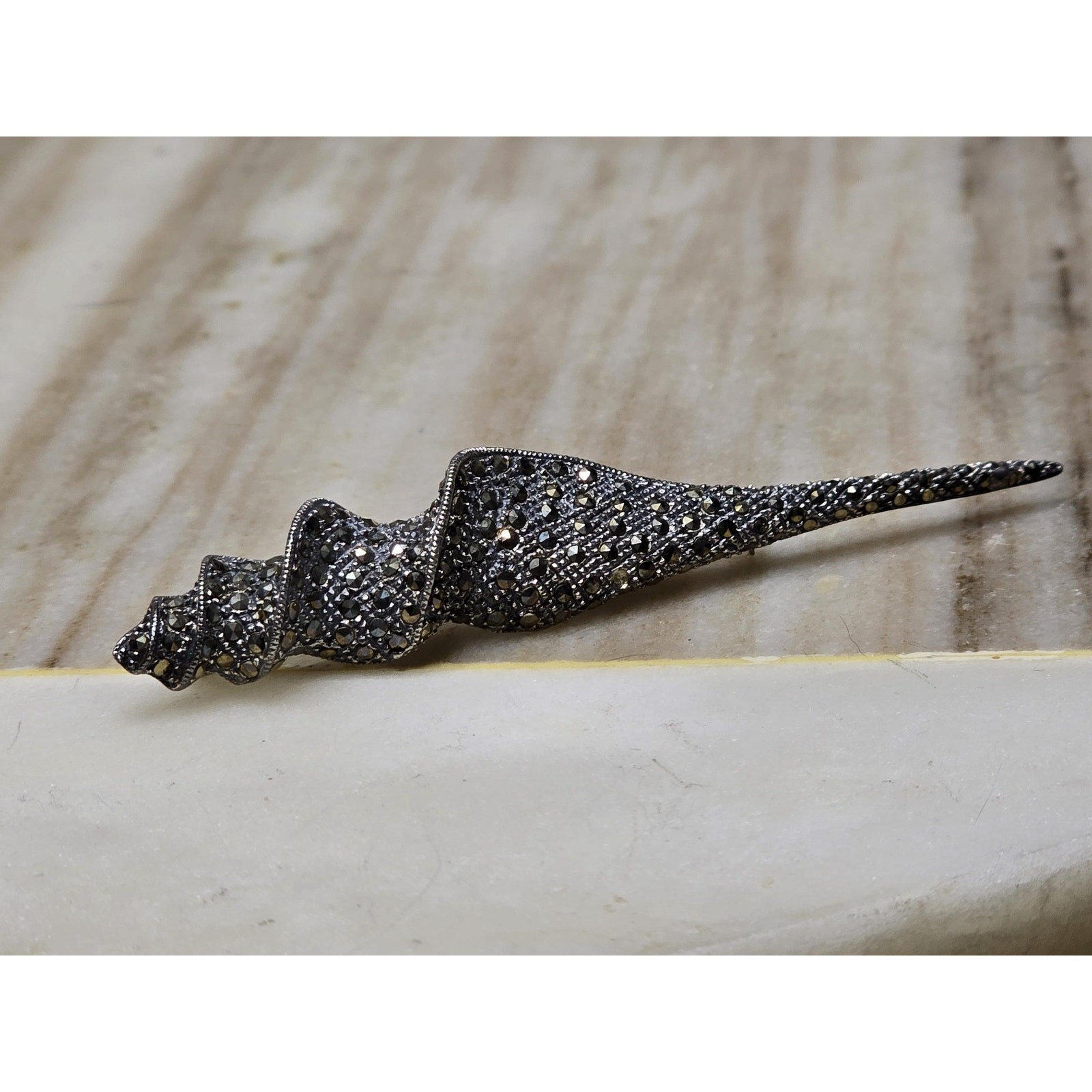 Vintage Sterling Marcasite Shell Brooch