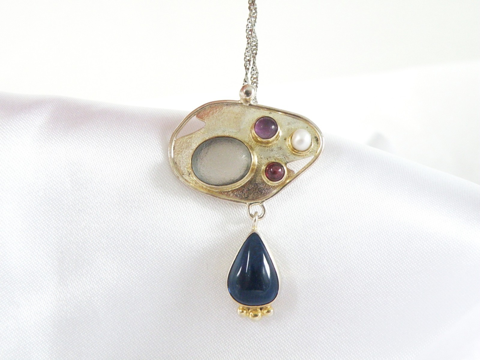 Artisan Sterling Silver 925 Beach Glass Gemstone Modernist Pendant Necklace 18.5