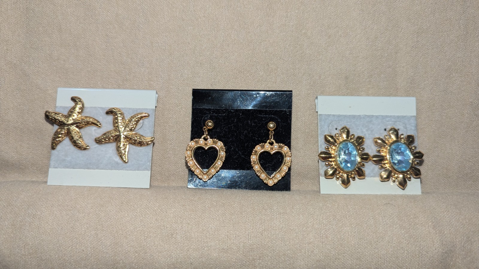 3 Pairs Pierced Earrings Gold Tone w/ Faux Stone, Metal Starfish, Heart Dangle