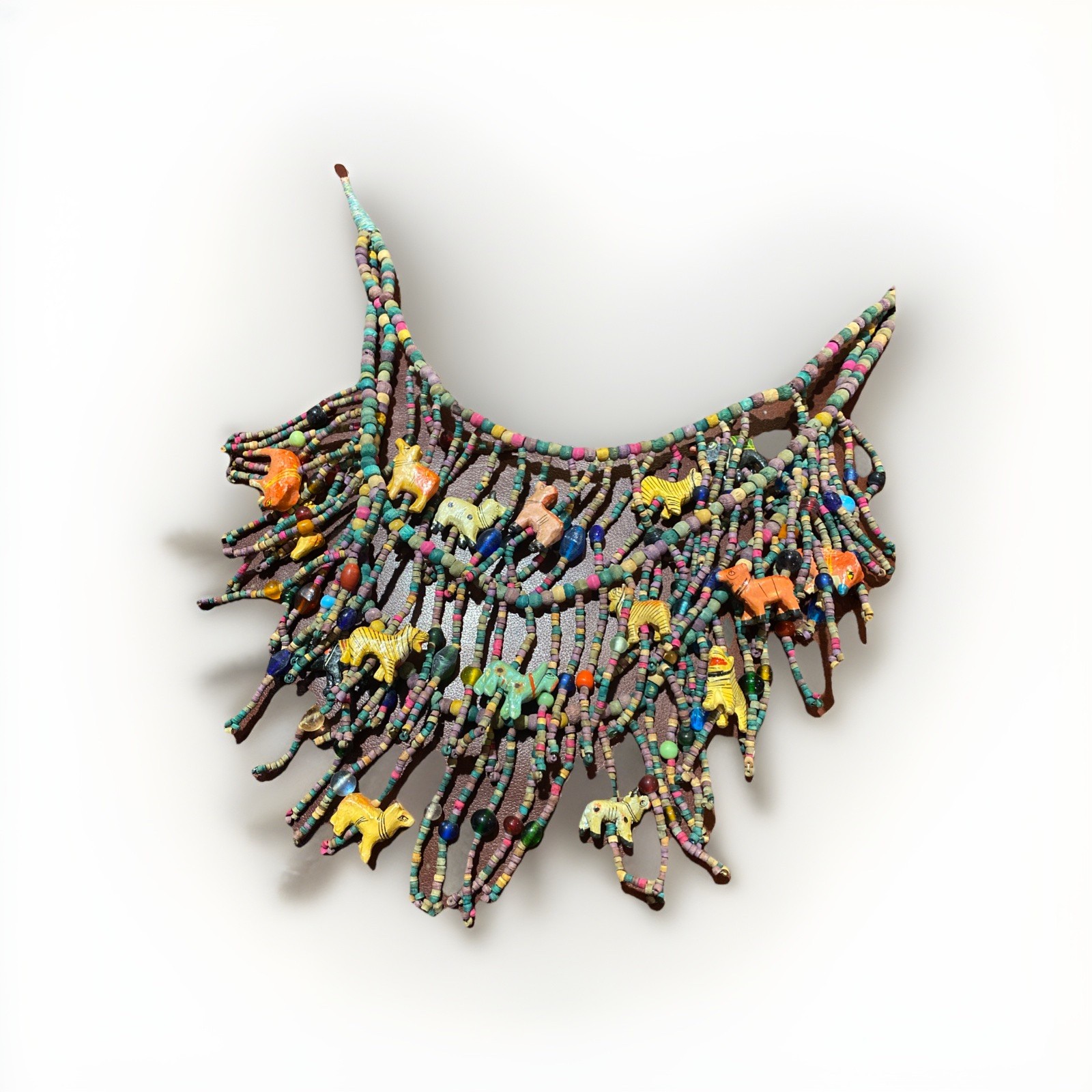BOHO African Multi Strand Statement Necklace Wooden Carved Animals Fringe Beads