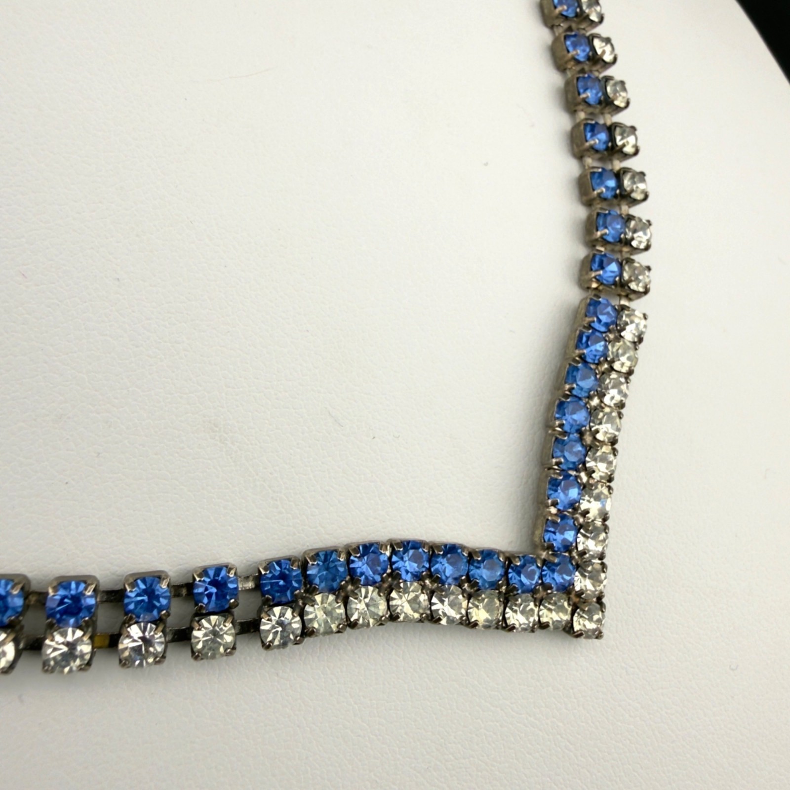 Vintage Blue Clear Rhinestone Necklace V Shape Silver Tone 16-Inch
