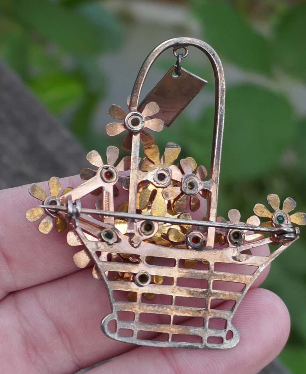 Vintage Designer Jay Kel Vermeiled Sterling & Stone Flower’s In Basket Brooch