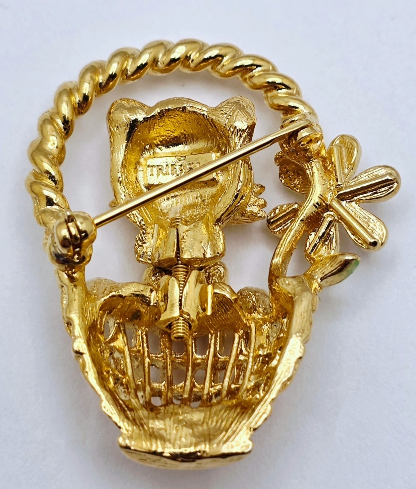 Vintage Signed Trifari Rhinestone Kitten / Cat in Flower Basket Trembler Brooch